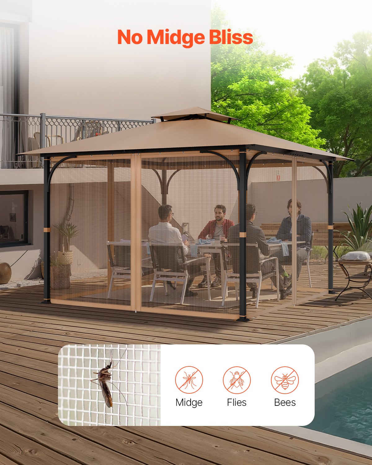 VEVOR muggennet voor tuinpaviljoen, vervanging voor muggennet, geschikt voor tuinpaviljoens van 304,8 x 304,8 x 213,4 cm, insectennet, 4-delig zijpaneel gordijn voor tuinpaviljoen, met dubbele ritssluiting (alleen net)