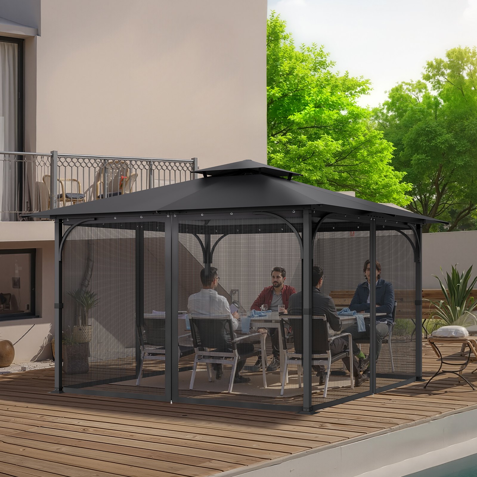 VEVOR Klamboe voor Gazebo, Vervangend Klamboe, Geschikt voor Gazebo's van 365,8 x 365,8 x 228,6 cm, Insectenwerend 4-delig zijpaneel Gazebogordijn, met dubbele rits (alleen net)