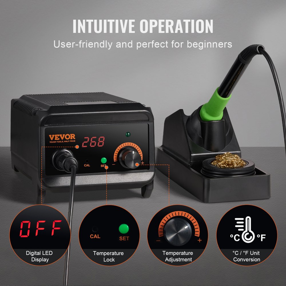 VEVOR Soldering Iron Station, 75W Digital Display Soldering Station Kit, 122°F- 932°F Temp Control & Built-in Transformer, Auto Standby & Sleep Mode, with 5 Soldering Tips, Lead-Free Solder, Tweezers