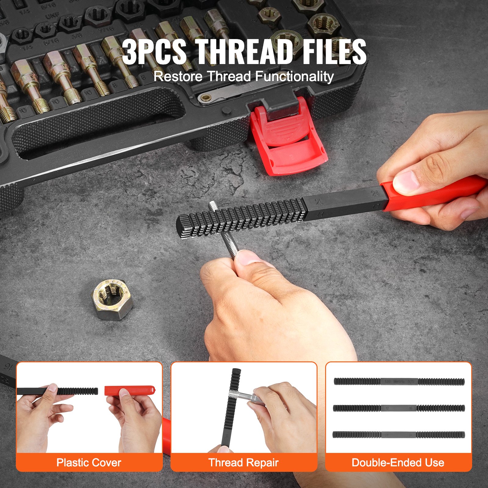 VEVOR Draadherstelgereedschap UNC & UNF & Metrische Draadreparatieset 61-delige set met draadtappen en snijmallen voor monteurs en doe-het-zelvers