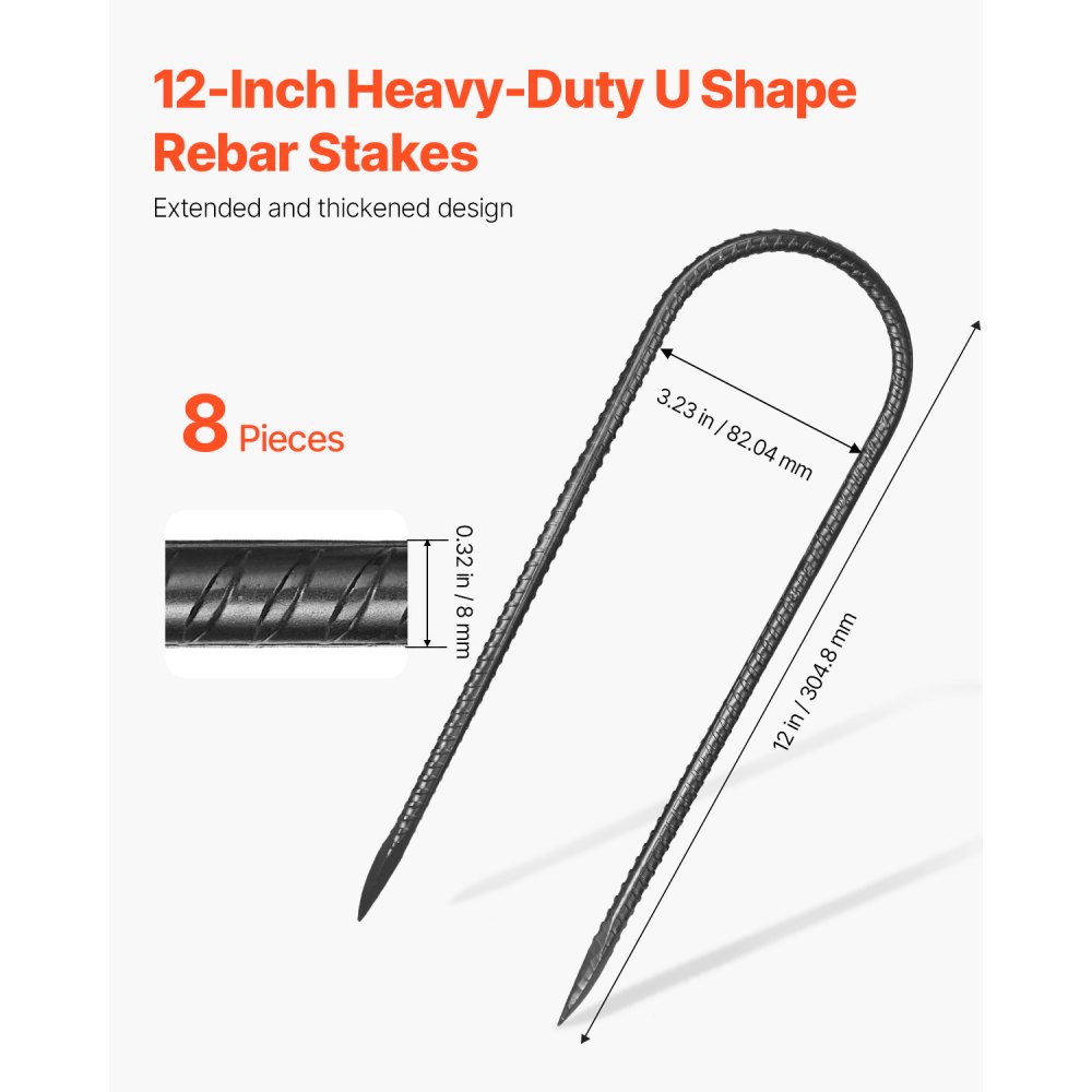 VEVOR Rebar Stakes, 12-Inch, Heavy-Duty 0.32 in Diameter U Shape, Galvanized Steel Ground Anchors with Chisel Point End & Rust-Resistant Coating, for Gardening Support, Fence, Camping Tents (8-Pack)