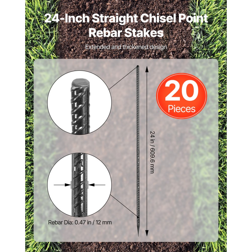 VEVOR Rebar Stakes, 24-Inch, Heavy-Duty 0.47 in Diameter, Straight Galvanized Steel Ground Anchors with Chisel Point End & Rust-Resistant Coating, for Gardening Support, Fence, Camping Tents (20-Pack)