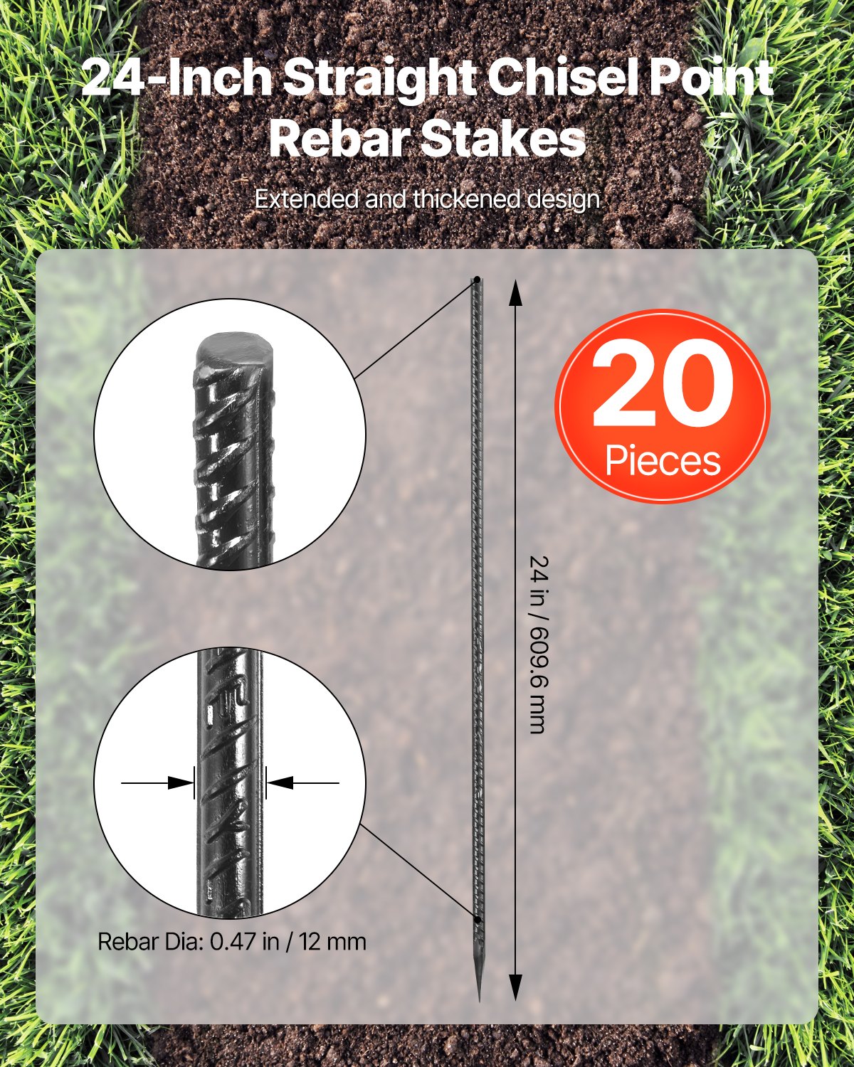 VEVOR Rebar Stakes, 24-Inch, Heavy-Duty 0.47 in Diameter, Straight Galvanized Steel Ground Anchors with Chisel Point End & Rust-Resistant Coating, for Gardening Support, Fence, Camping Tents (20-Pack)