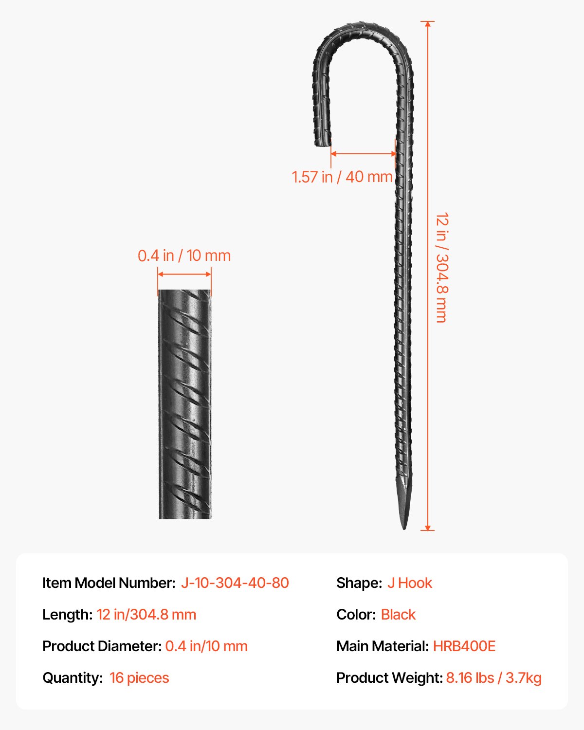 VEVOR grondankers, 304,8 mm, J-type met 10 mm diameter, gegalvaniseerde tentharingen, grondankers, grondpennen, haringen, voor tenten, luifels, kamperen, trampolines, bloemenstandaards (16 stuks)