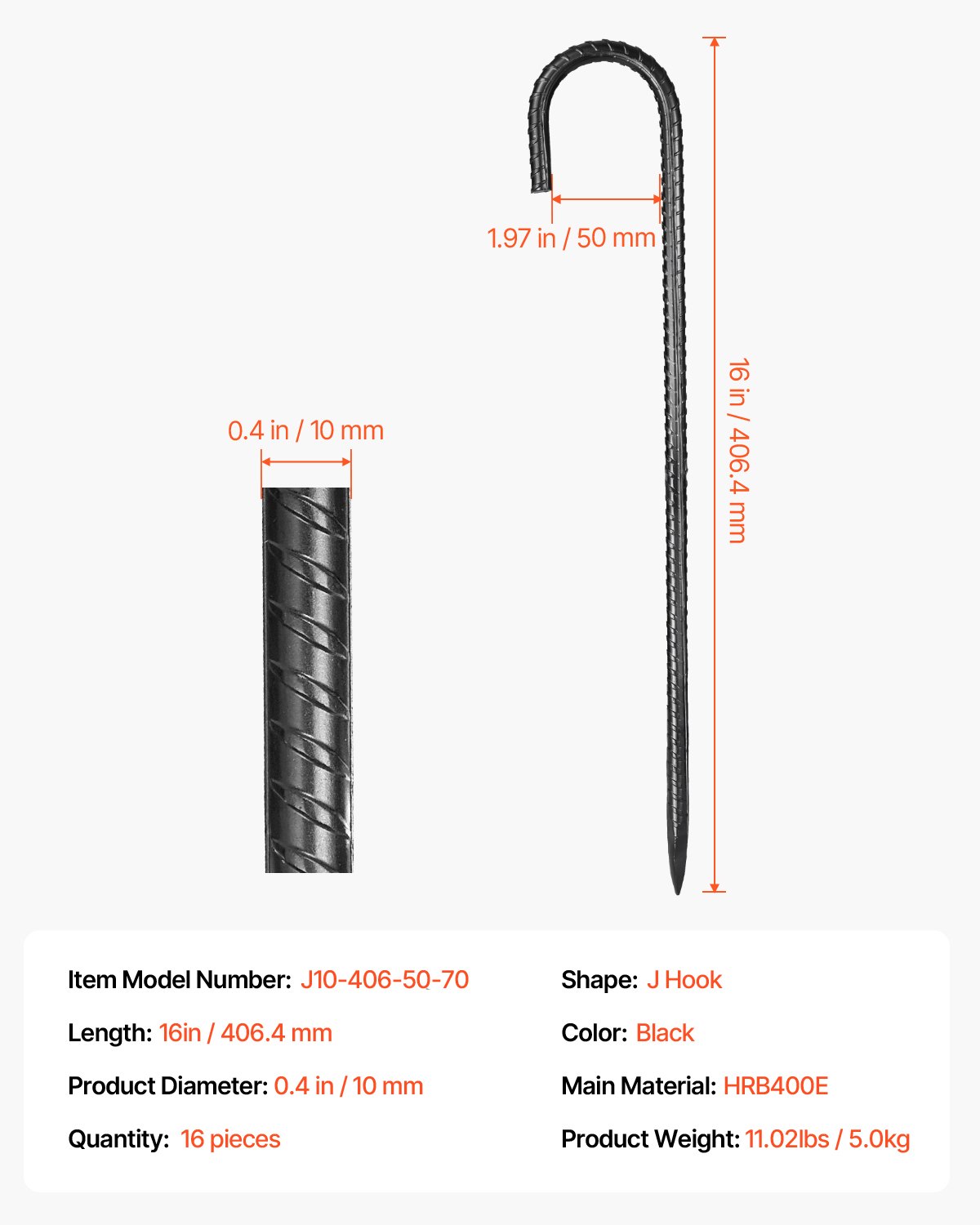 VEVOR Rebar Stakes, 16-Inch, Heavy-Duty 0.4 in Diameter J Hook, Galvanized Steel Ground Anchors with Chisel Point End & Rust-Resistant Coating, for Gardening Support, Fence, Camping Tents (16-Pack)