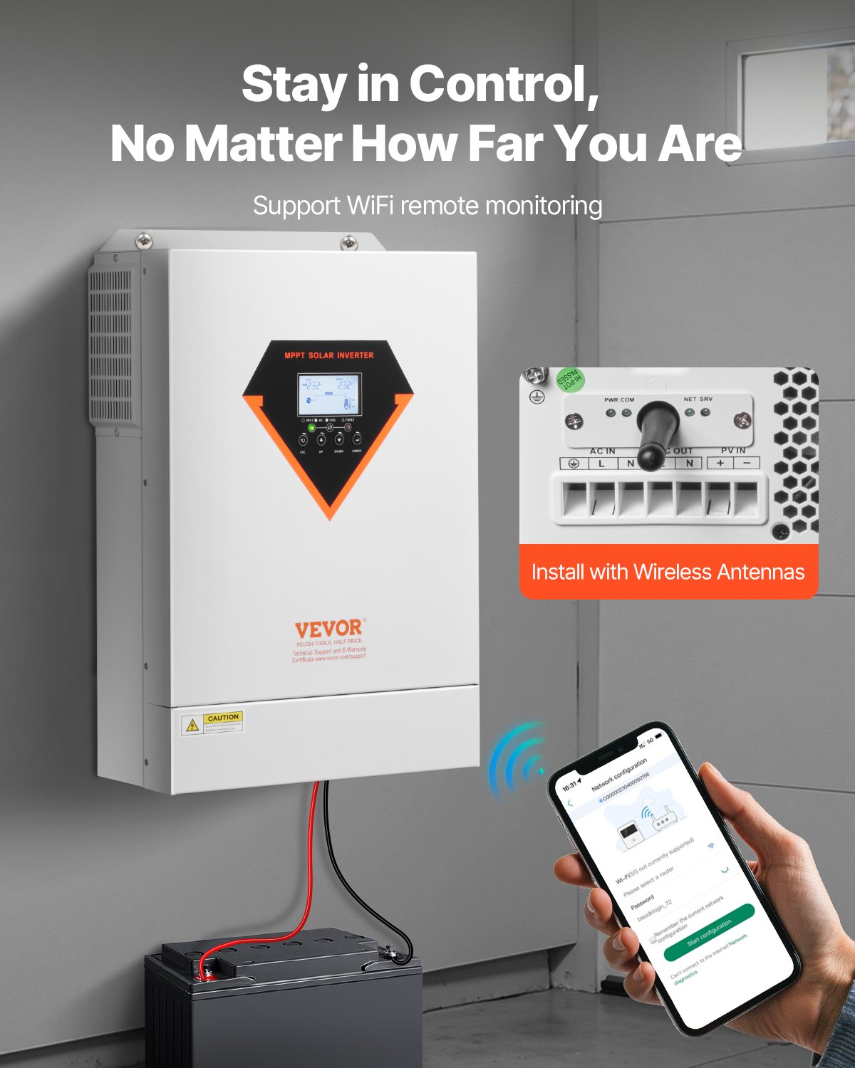 VEVOR Hybrid Solar Inverter, 6000W, All in One Pure Sine Wave Power Inverter Charger, 48V DC to 220/230V AC, with Built-in 120A MPPT Solar Controller, for Off-Grid System Lead Acid Lithium Battery