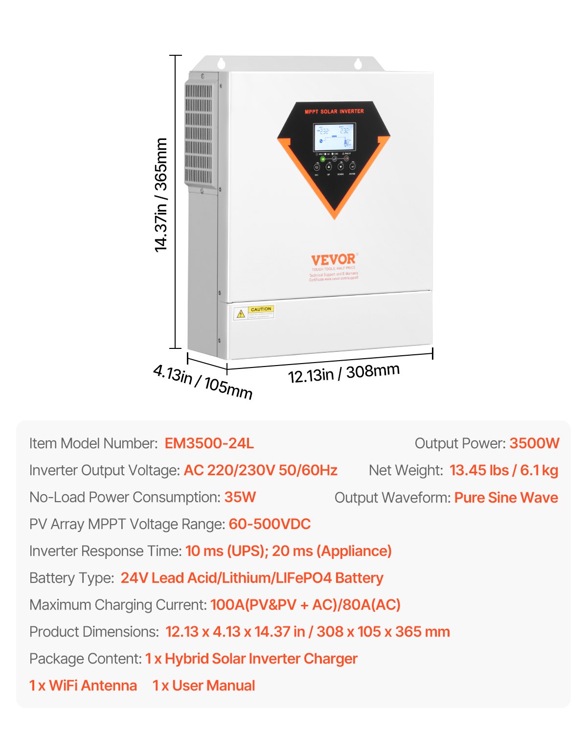 VEVOR 3500W hybride zonne-omvormer, alles-in-één zuivere sinusomvormer van 24 V DC naar 220/230 V AC met ingebouwde 100 A MPPT-zonnecontroller voor off-grid loodzuur-lithium-accu