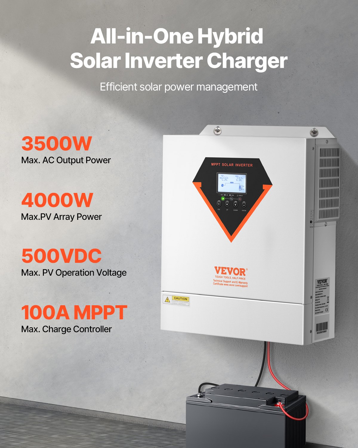 VEVOR Hybrid Solar Inverter, 3500W, Alles-in-één zuivere sinusomvormer en -lader, 24V DC naar eenfasige 220/230V AC, met ingebouwde 100A MPPT-zonnecontroller, voor off-grid systemen met loodzuur-lithiumbatterijen