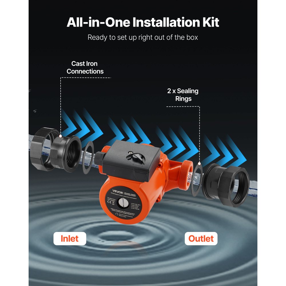 VEVOR LPS32-8S/180 gietijzeren circulatiepomp, 3/8 pk, 110 l/min, warmwatercirculatie, schroefdraadaansluiting, 3-snelhedenregeling, stille werking, voor thuisverwarmingssystemen