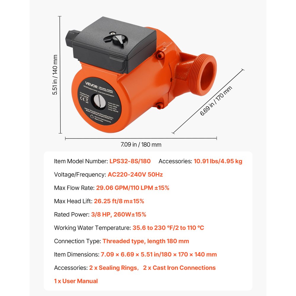 VEVOR LPS32-8S/180 gietijzeren circulatiepomp, 3/8 pk, 110 l/min, warmwatercirculatie, schroefdraadaansluiting, 3-snelhedenregeling, stille werking, voor thuisverwarmingssystemen