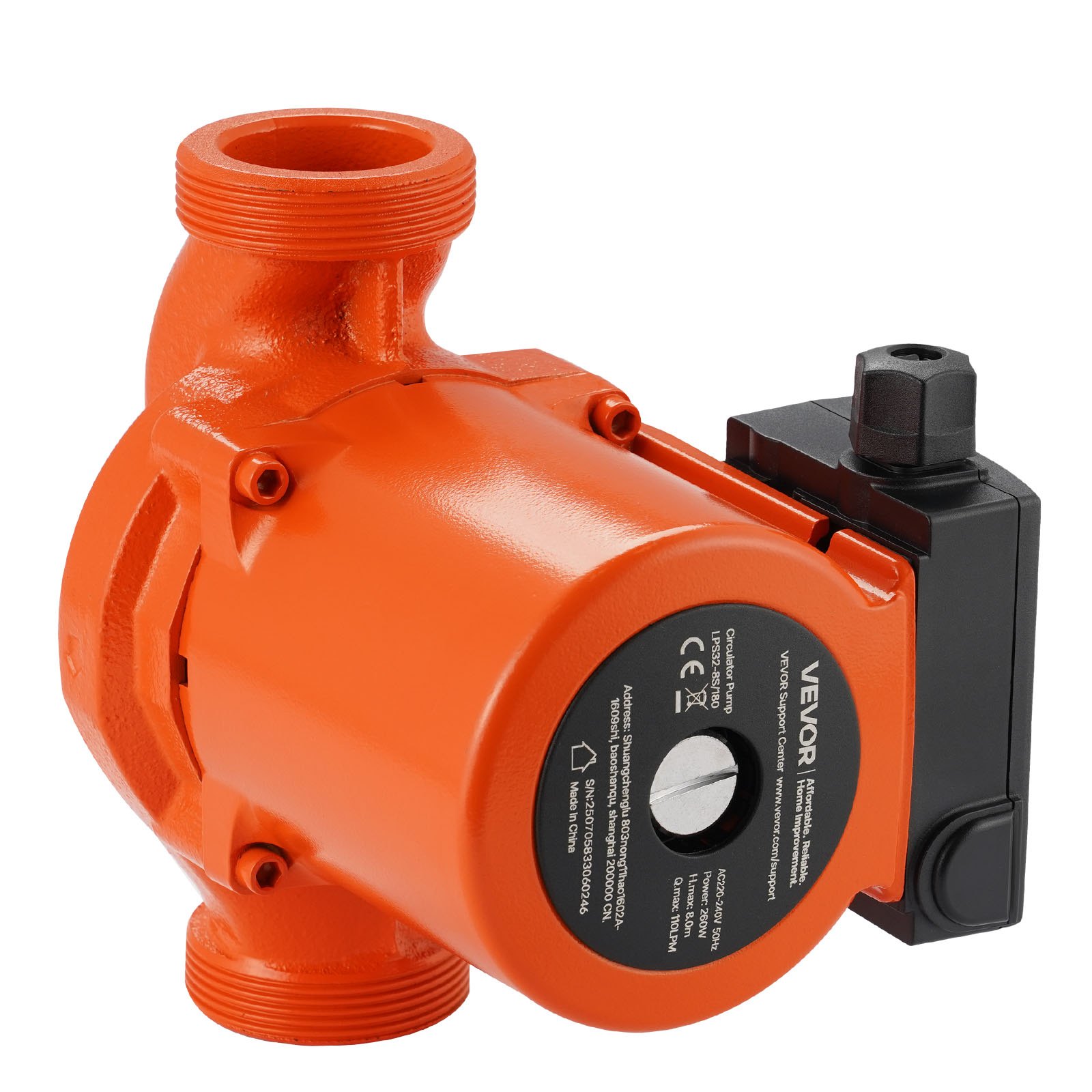 VEVOR LPS32-8S/180 gietijzeren circulatiepomp, 3/8 pk, 110 l/min, warmwatercirculatie, schroefdraadaansluiting, 3-snelhedenregeling, stille werking, voor thuisverwarmingssystemen