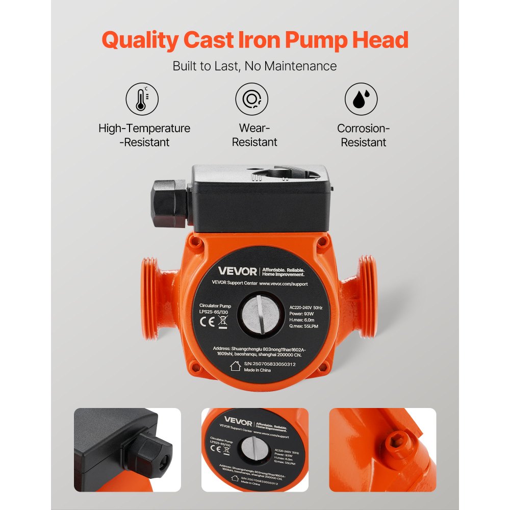 VEVOR LPS25-6S/130 Cast Iron Circulator Pump, 1/8 HP, 220-240V 55 LPM Hot Water Recirculating Circulation Pump, Threaded Connection, 3-Speed Adjustment, Quiet Operation, for Home Heating System