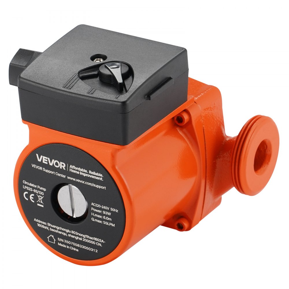 VEVOR LPS25-6S/130 Cast Iron Circulator Pump, 1/8 HP, 220-240V 55 LPM Hot Water Recirculating Circulation Pump, Threaded Connection, 3-Speed Adjustment, Quiet Operation, for Home Heating System