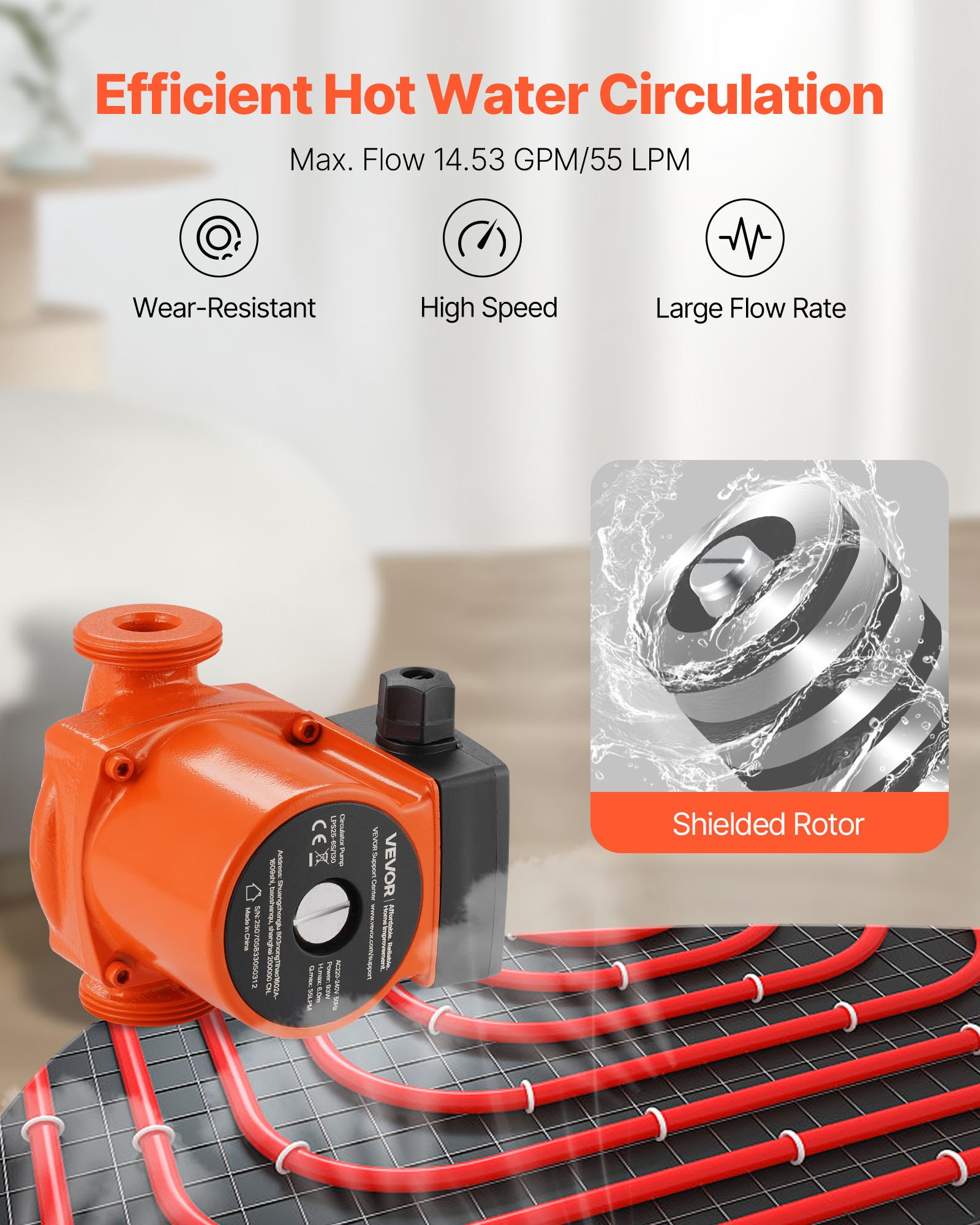 VEVOR LPS25-6S/130 Cast Iron Circulator Pump, 1/8 HP, 220-240V 55 LPM Hot Water Recirculating Circulation Pump, Threaded Connection, 3-Speed Adjustment, Quiet Operation, for Home Heating System