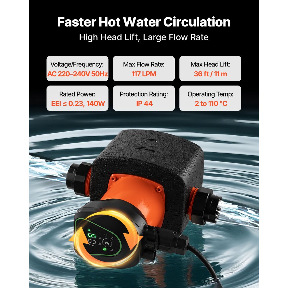 VEVOR LPS25-11PA/180 High Efficiency Circulator Pump, 117 LPM, 11 M Max Lift Cast Iron Hot Water Recirculating Circulation Pump, Threaded Connection, Check Valve, Quiet Operation, for Home Heating System