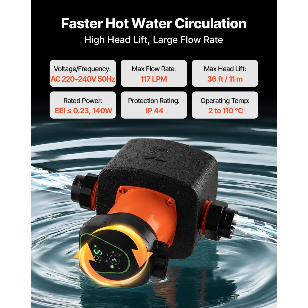 VEVOR LPS25-11PA/180 circulatiepomp, 117 l/min, max. opvoerhoogte 11 m, gietijzeren warmwatercirculatie, schroefdraadaansluiting, terugslagklep, stille werking, voor thuisverwarmingssysteem