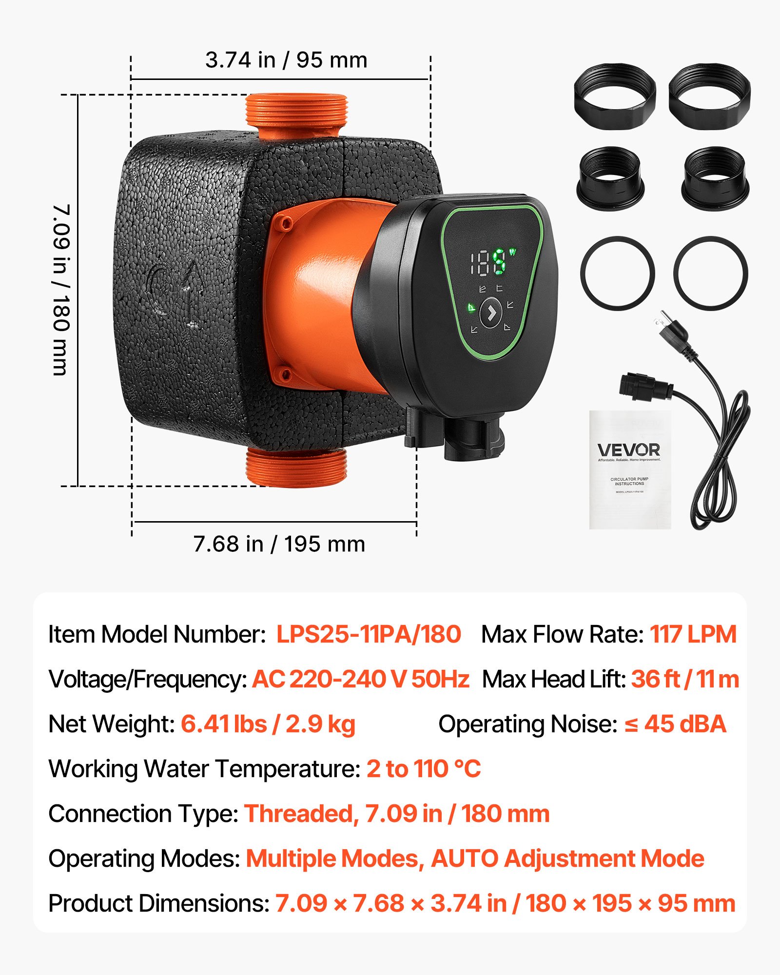 VEVOR LPS25-11PA/180 High Efficiency Circulator Pump, 117 LPM, 11 M Max Lift Cast Iron Hot Water Recirculating Circulation Pump, Threaded Connection, Check Valve, Quiet Operation, for Home Heating System