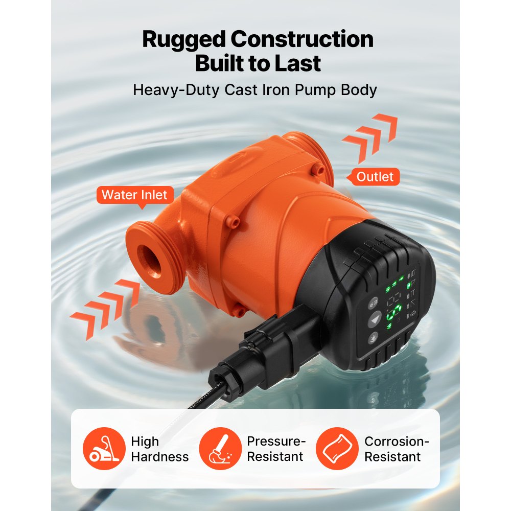 VEVOR LPS25-6BP/130 circulatiepomp, gietijzeren circulatiepomp, 58 l/min, max. opvoerhoogte 6 m, warmwatercirculatie, schroefdraadaansluiting, terugslagklep, stille werking, voor thuisverwarmingssystemen