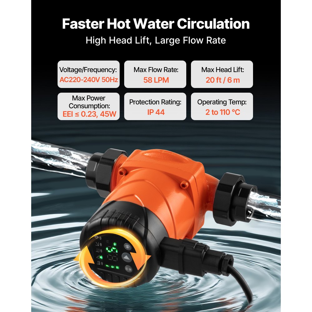 VEVOR LPS25-6BP/130 circulatiepomp, gietijzeren circulatiepomp, 58 l/min, max. opvoerhoogte 6 m, warmwatercirculatie, schroefdraadaansluiting, terugslagklep, stille werking, voor thuisverwarmingssystemen