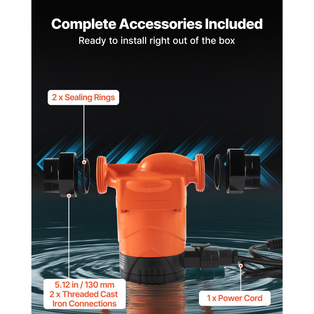 VEVOR LPS25-6BP/130 circulatiepomp, gietijzeren circulatiepomp, 58 l/min, max. opvoerhoogte 6 m, warmwatercirculatie, schroefdraadaansluiting, terugslagklep, stille werking, voor thuisverwarmingssystemen