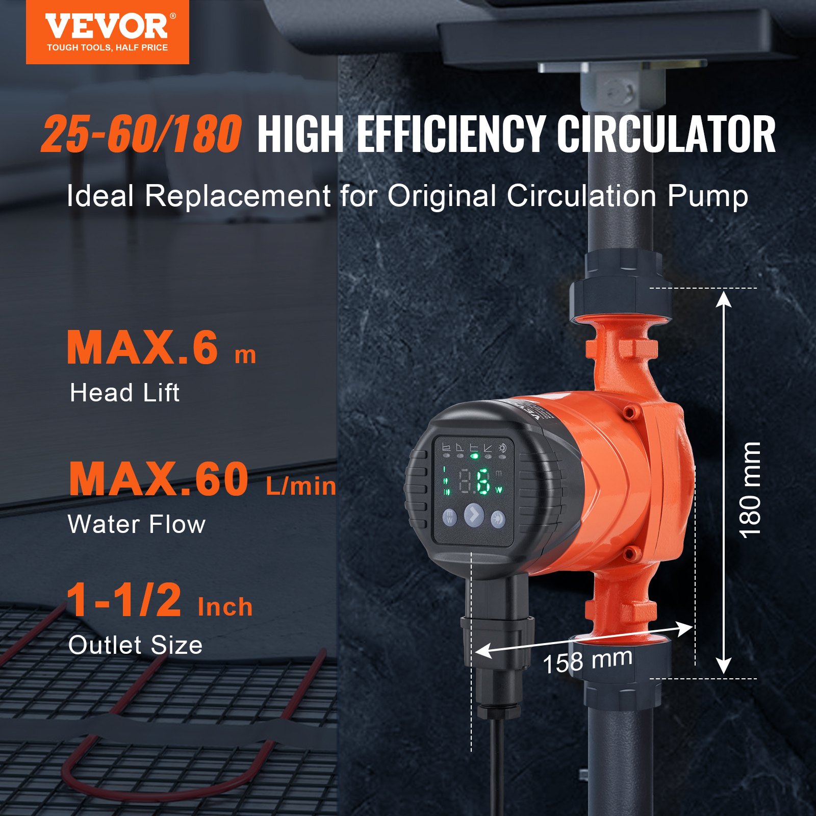 VEVOR Verwarmingspomp 6 m opvoerhoogte, circulatiepomp, 220 V, 45 W, 60 l/min, hoogrendementscirculatiepomp, automatische watercirculatiepomp, 1-1/2 inch NPT-draad, EMC-pomp voor warmwatersysteem