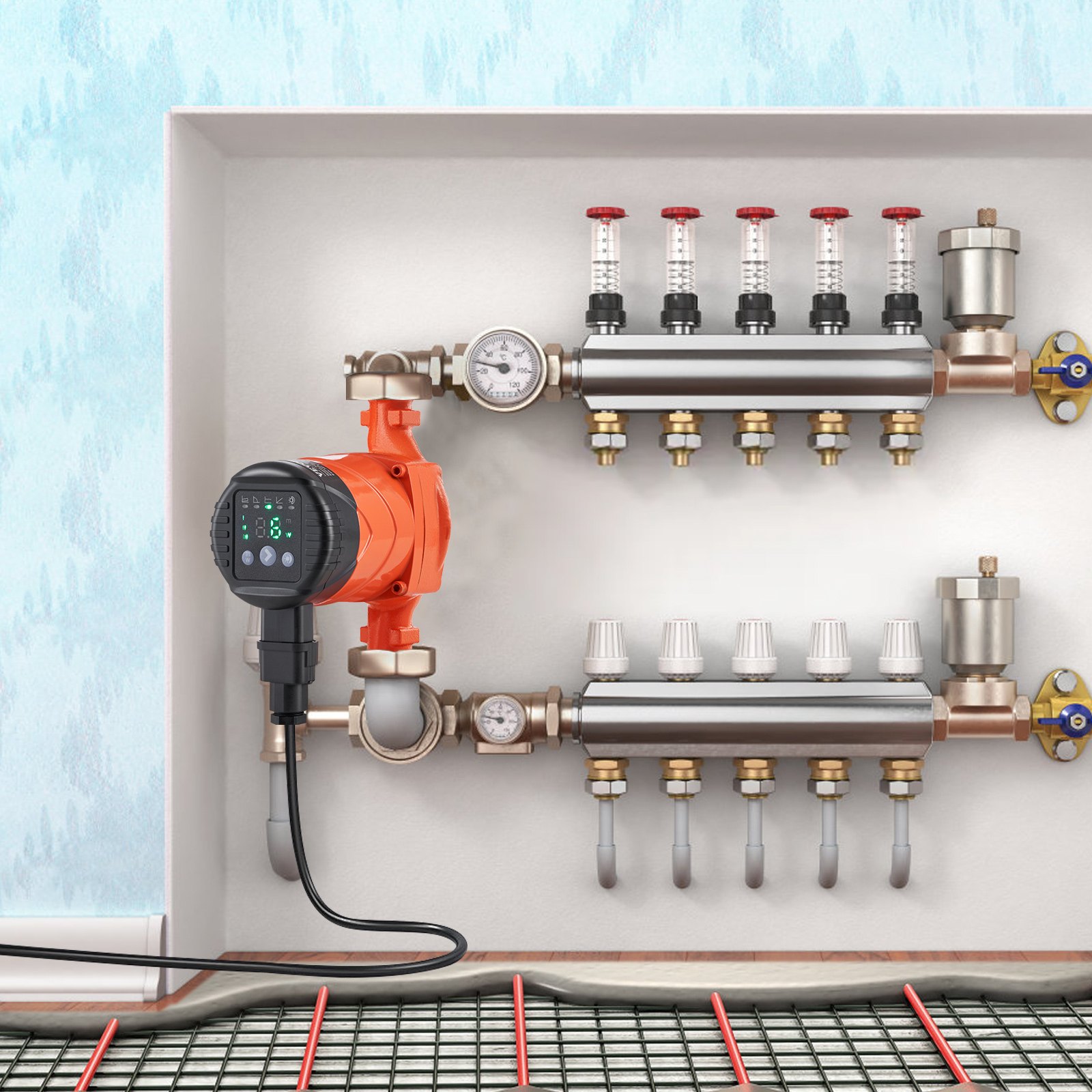 VEVOR Verwarmingspomp 6 m opvoerhoogte, circulatiepomp, 220 V, 45 W, 60 l/min, hoogrendementscirculatiepomp, automatische watercirculatiepomp, 1-1/2 inch NPT-draad, EMC-pomp voor warmwatersysteem