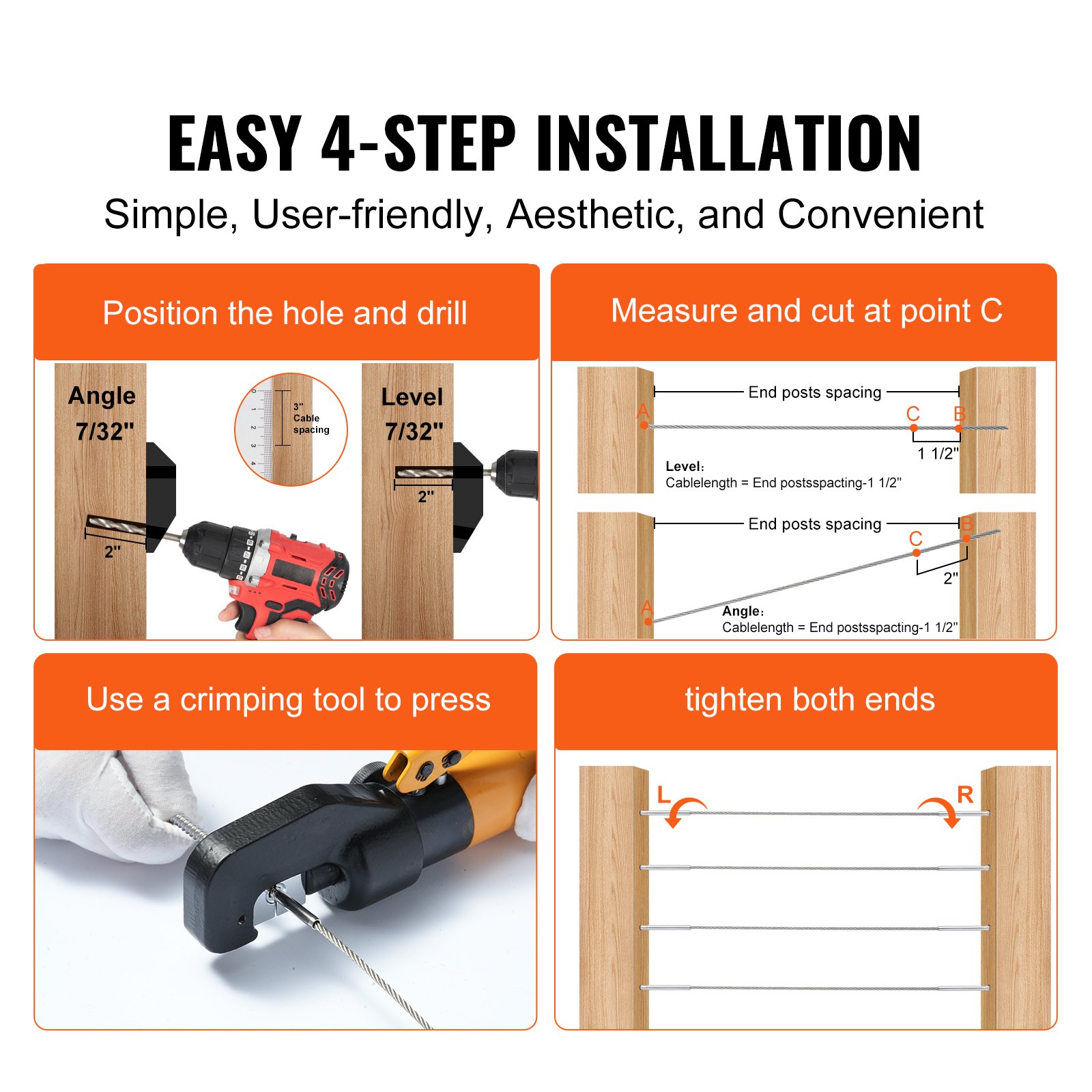VEVOR 102 Pack Cable Railing Swage Threaded Stud Tension End Fitting Terminal for 3.2mm Deck Cable Railing, T316 Stainless Steel, Cable Railing Tensioner 3.2mm for Wood Post, Silver