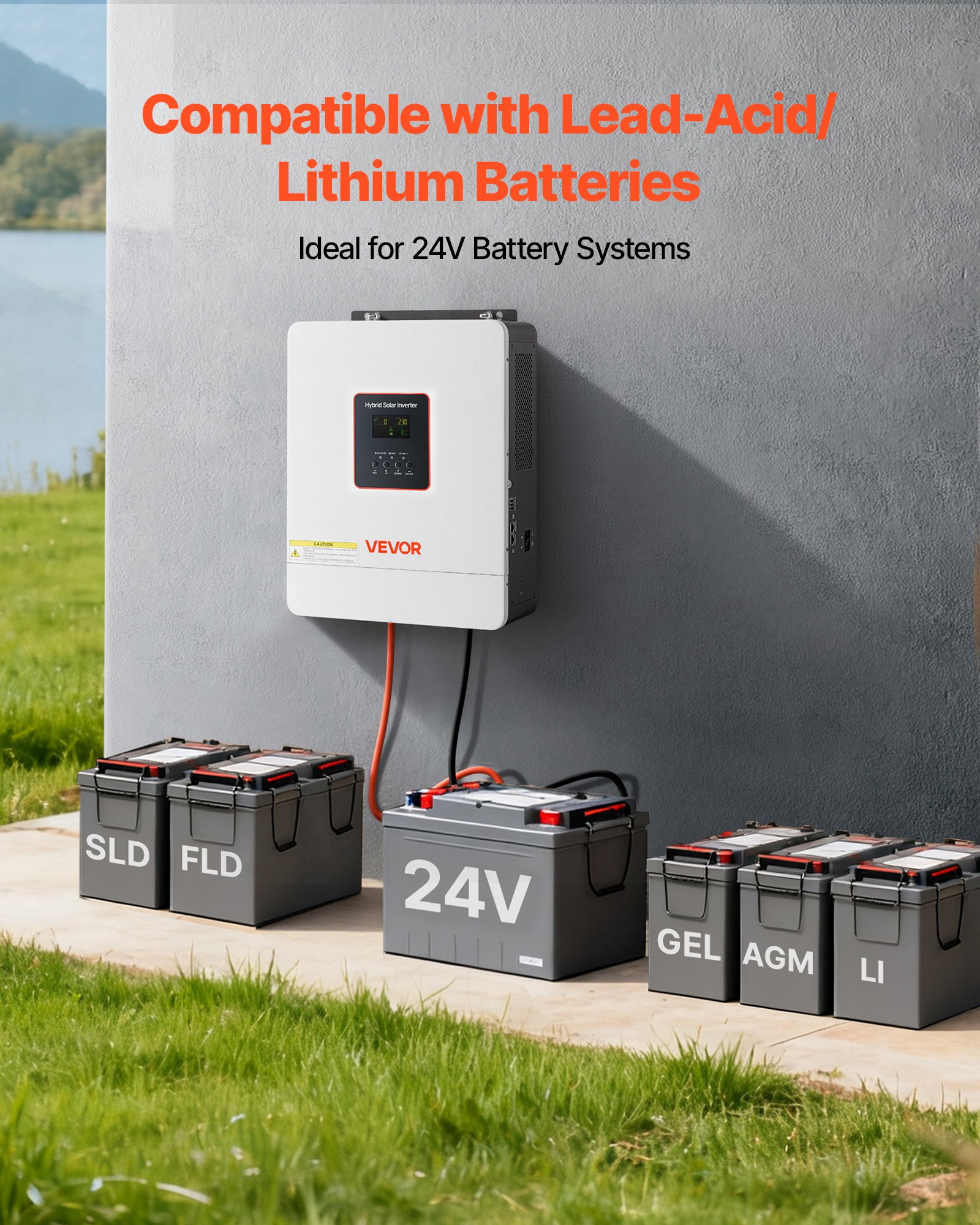 VEVOR hybride omvormer 4000 W, 24V DC naar 230V AC, met geïntegreerde 120A MPPT zonne-laadregelaar, WLAN-module, eenfasig, voor loodzuur-/lithiumbatterijen voor off-grid toepassingen.