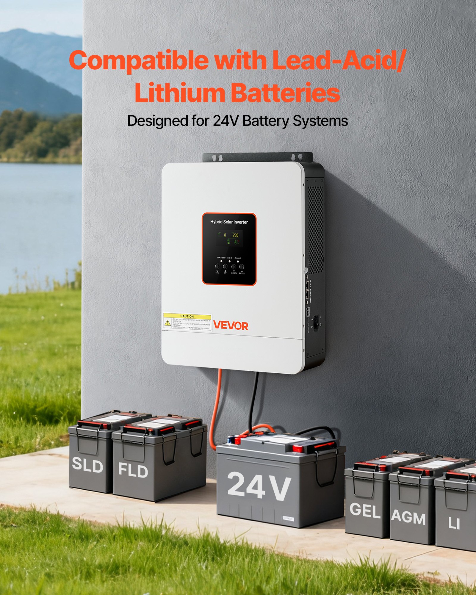 VEVOR 3000W hybride omvormer, 24V DC naar 230V AC, met geïntegreerde 80A MPPT zonne-laadregelaar, compatibel met loodzuur- en lithiumbatterijen, voor thuis, campers en off-grid systemen.