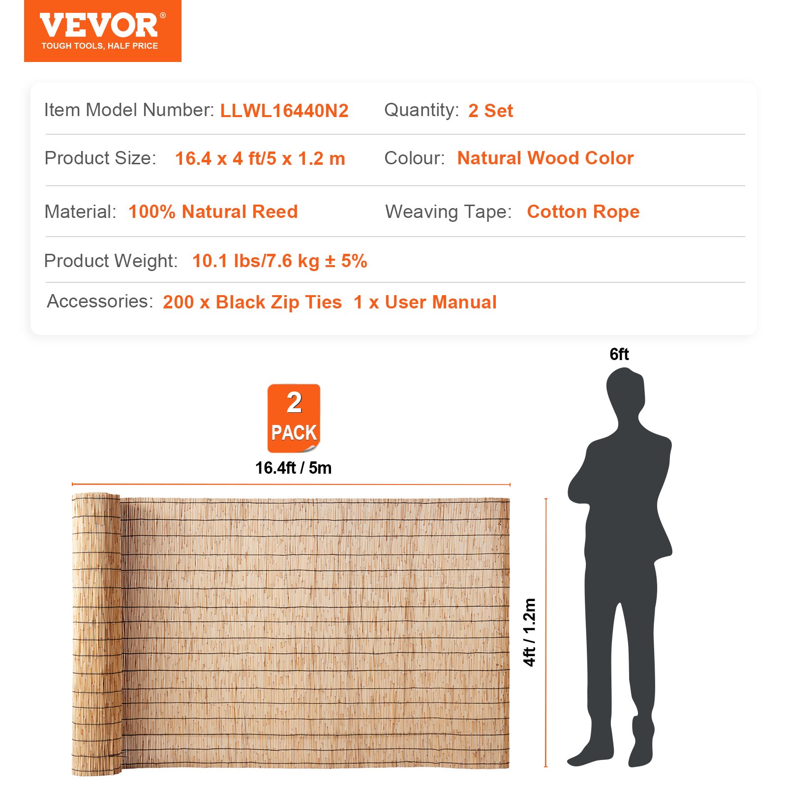 VEVOR Natural Reed Fencing, 4 ft x 16.4 ft, 2 Pack Reed Screen Curtain Balcony Reed Fence Roll for Outdoor Backyard Patio, Decorative Fence for Backyard Garden Fencing Divider, Privacy Screen Panel