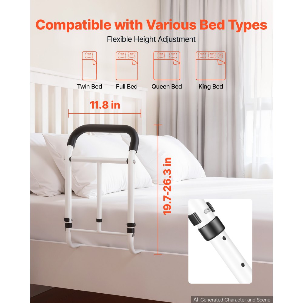 VEVOR bedhekje voor senioren, opklikbaar sta-hulpmiddel, draagvermogen 90,7 kg, bedhekje voor diverse bedmaten, koolstofstaal, in hoogte verstelbaar, met antislip handgreep en veiligheidsriem.