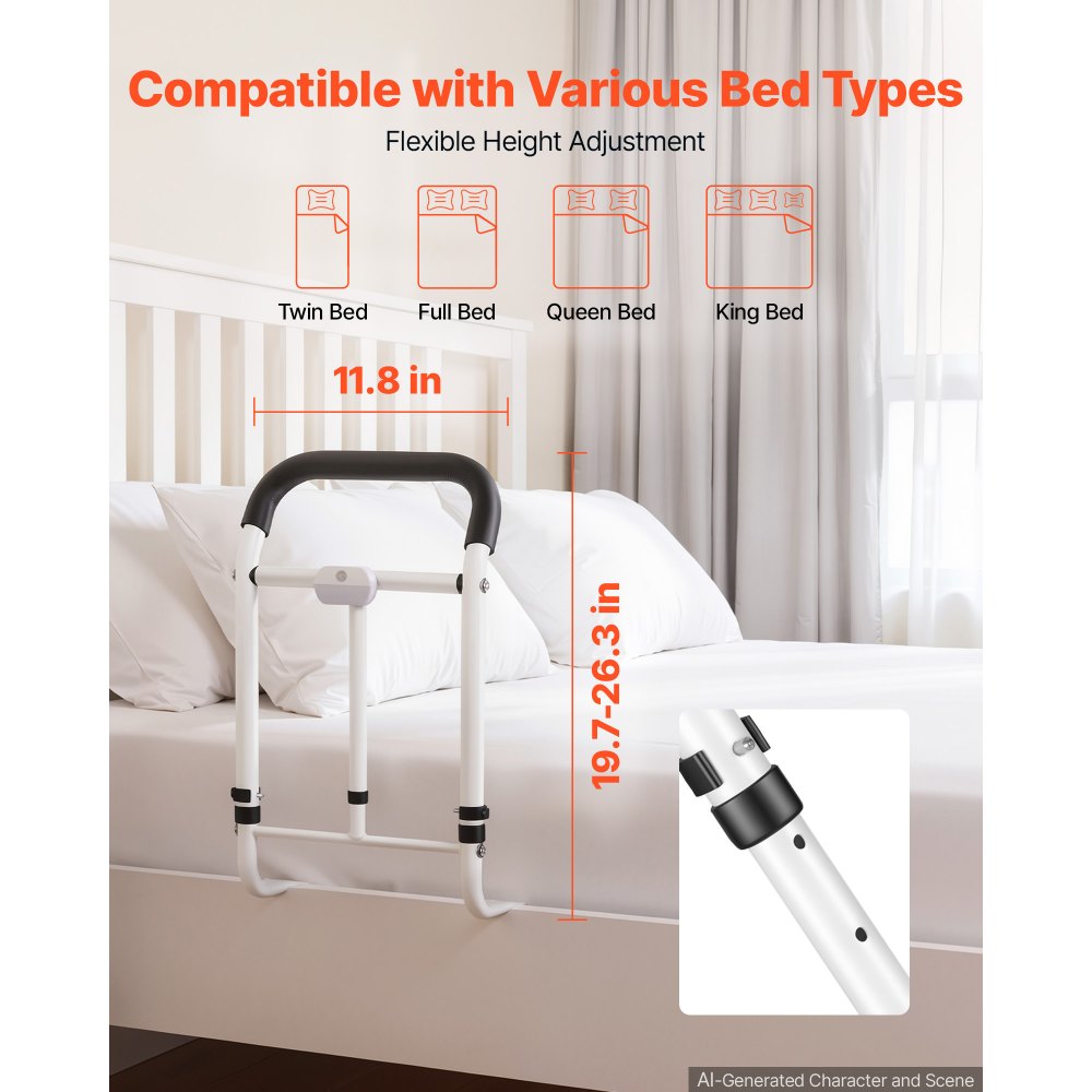 VEVOR bedhek voor senioren, L-vormig sta-hulpmiddel, draagvermogen 90,7 kg, bedhek voor diverse bedmaten, koolstofstalen buizen, in hoogte verstelbaar van 550-668 mm, met LED-verlichting en veiligheidsriem.