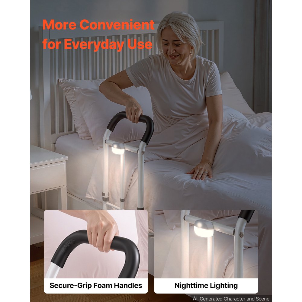 VEVOR bedhek voor senioren, L-vormig sta-hulpmiddel, draagvermogen 90,7 kg, bedhek voor diverse bedmaten, koolstofstalen buizen, in hoogte verstelbaar van 550-668 mm, met LED-verlichting en veiligheidsriem.
