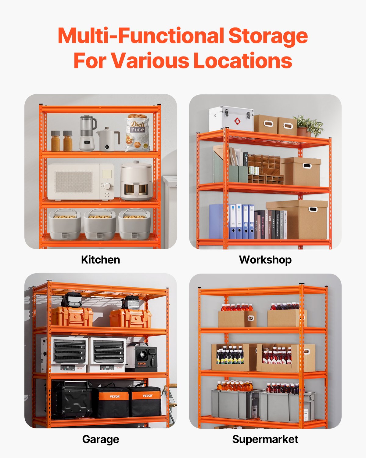 VEVOR Storage Shelves, 2500 lbs, 5 Tier Heavy Duty Garage Shelving, 18" D x 48" W x 72" H Adjustable Metal Shelves for Industrial Shelving Unit Utility Shelf, for Kitchen, Warehouse, Basement, Orange