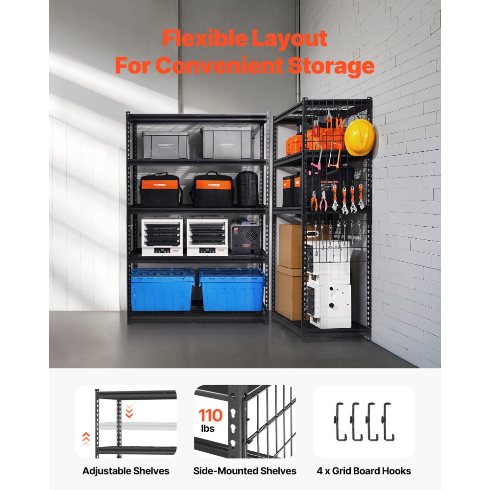 VEVOR Opslagstelling, 1361 kg, 5-laags zware garagestelling, 508 x 1219,2 x 1828,8 mm, verstelbare stelling, kelderstelling, industriële stelling, multifunctionele stelling, voor keuken, magazijn, kelder, zwart
