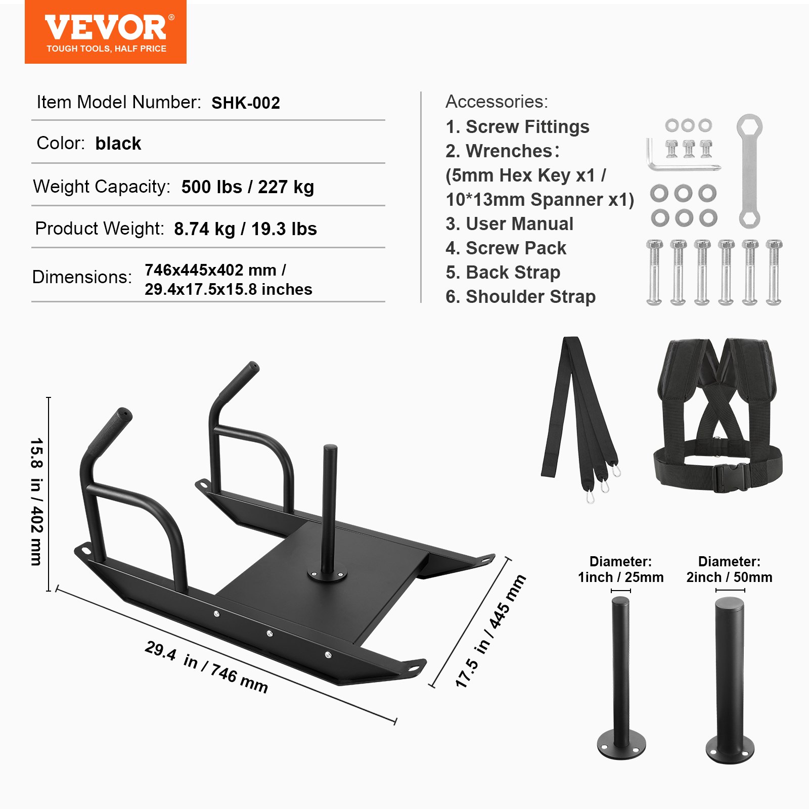 VEVOR Weight Training Pull Sled, Fitness Strength Speed Training Sled with Handle, Steel Power Sled Workout Equipment for Athletic Exercise & Speed Improvement, Suitable for 1"&2" Weight Plate, Black