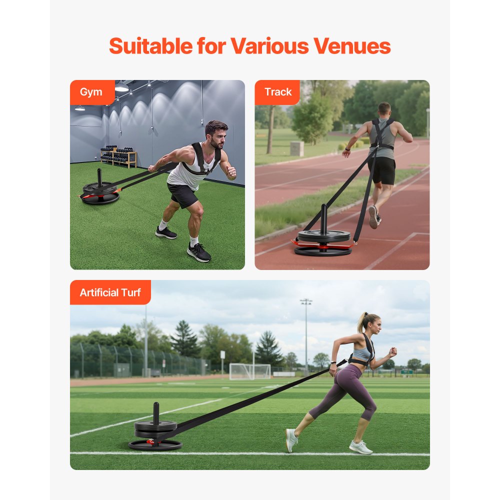 VEVOR Gewichtsslee Power Sled Krachttrainingslee om de snelheid te verbeteren bij atletische oefeningen, Fitnessapparaat met riem, voor 51 mm gewichtsschijven Oranje & Zwart