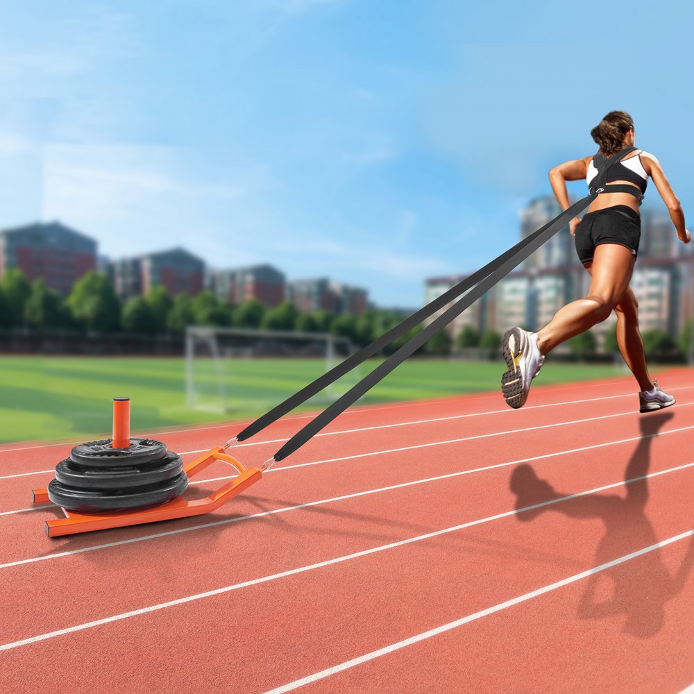 VEVOR Pull Sled voor krachttraining, Fitness kracht- en snelheidstrainingsslee, Stalen trainingsapparaat voor sportoefeningen, Geschikt voor 1-inch en 2-inch gewichtsschijven, Oranje