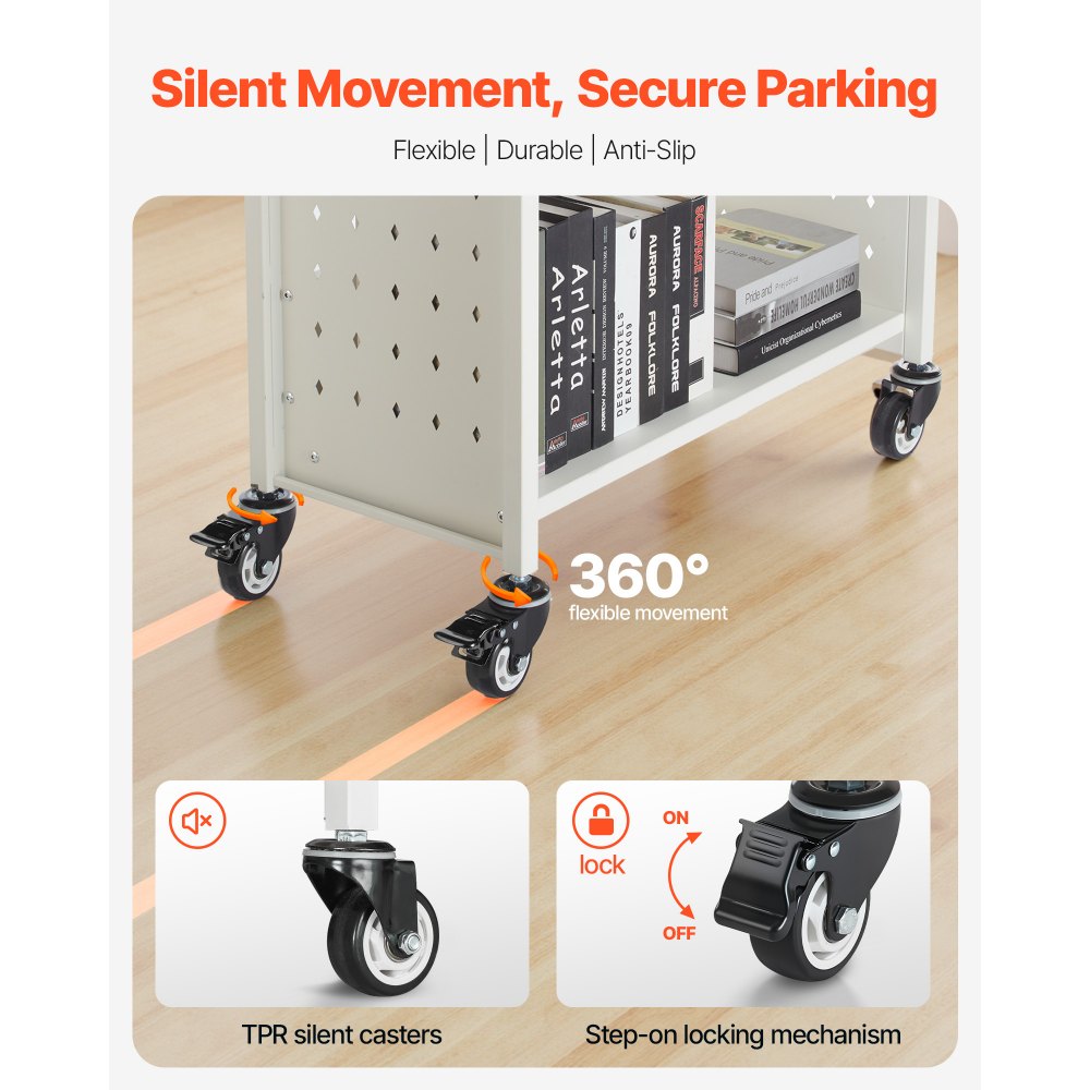 VEVOR Boekenwagen, draagvermogen 150 kg, Bibliotheekwagen, 77 x 38 x 122 cm, enkelzijdige L-vormige boekenplank met dubbele remwielen, Boekenplankwagen voor woonkamer, kantoor, school, wit