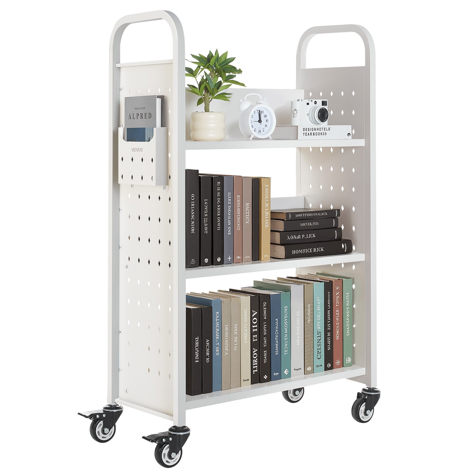 VEVOR Boekenwagen, draagvermogen 150 kg, Bibliotheekwagen, 77 x 38 x 122 cm, enkelzijdige L-vormige boekenplank met dubbele remwielen, Boekenplankwagen voor woonkamer, kantoor, school, wit
