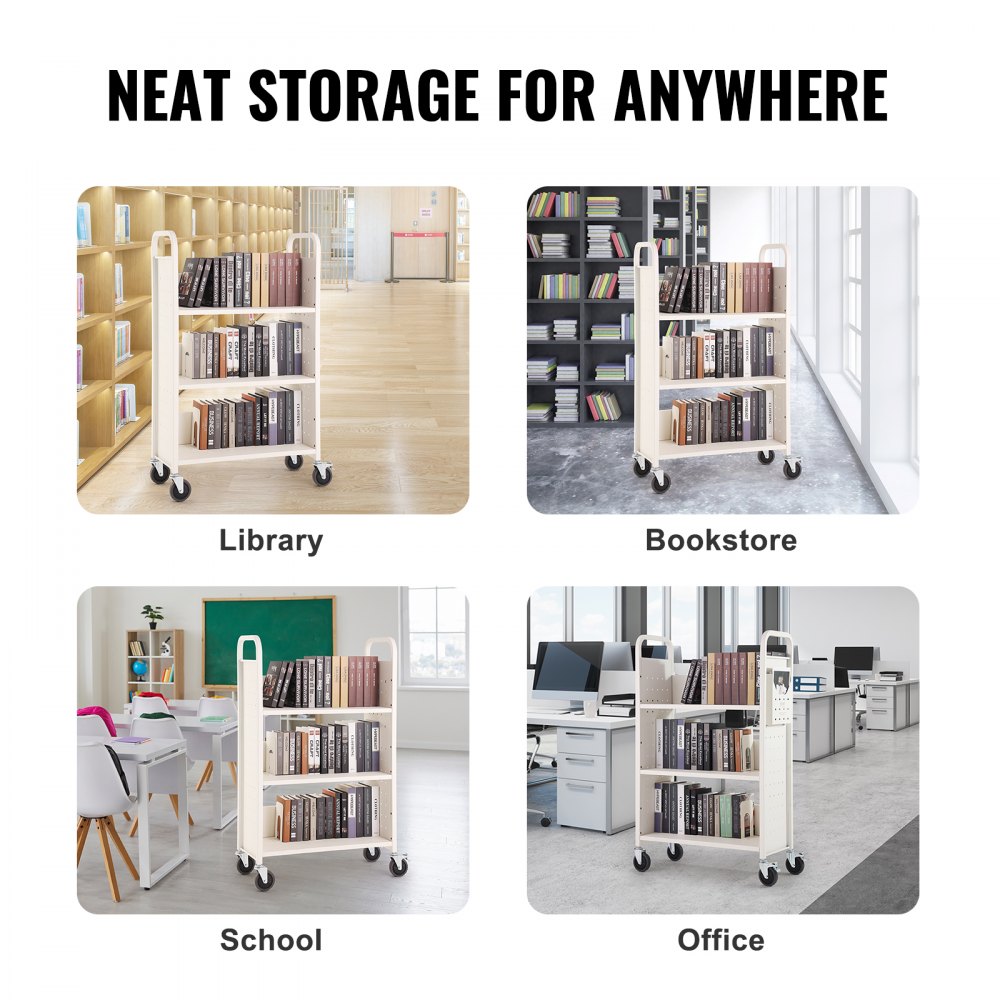 VEVOR Bibliotheekkar 790x385x1250mm Vrije ruimte Kar 3 Planken Boekenkar Koolstofstaal + Koudgewalste Stalen Plaat Serveerkar Draagvermogen 150kg (50kg per Plank) Inclusief 2 Boekensteunen Wit