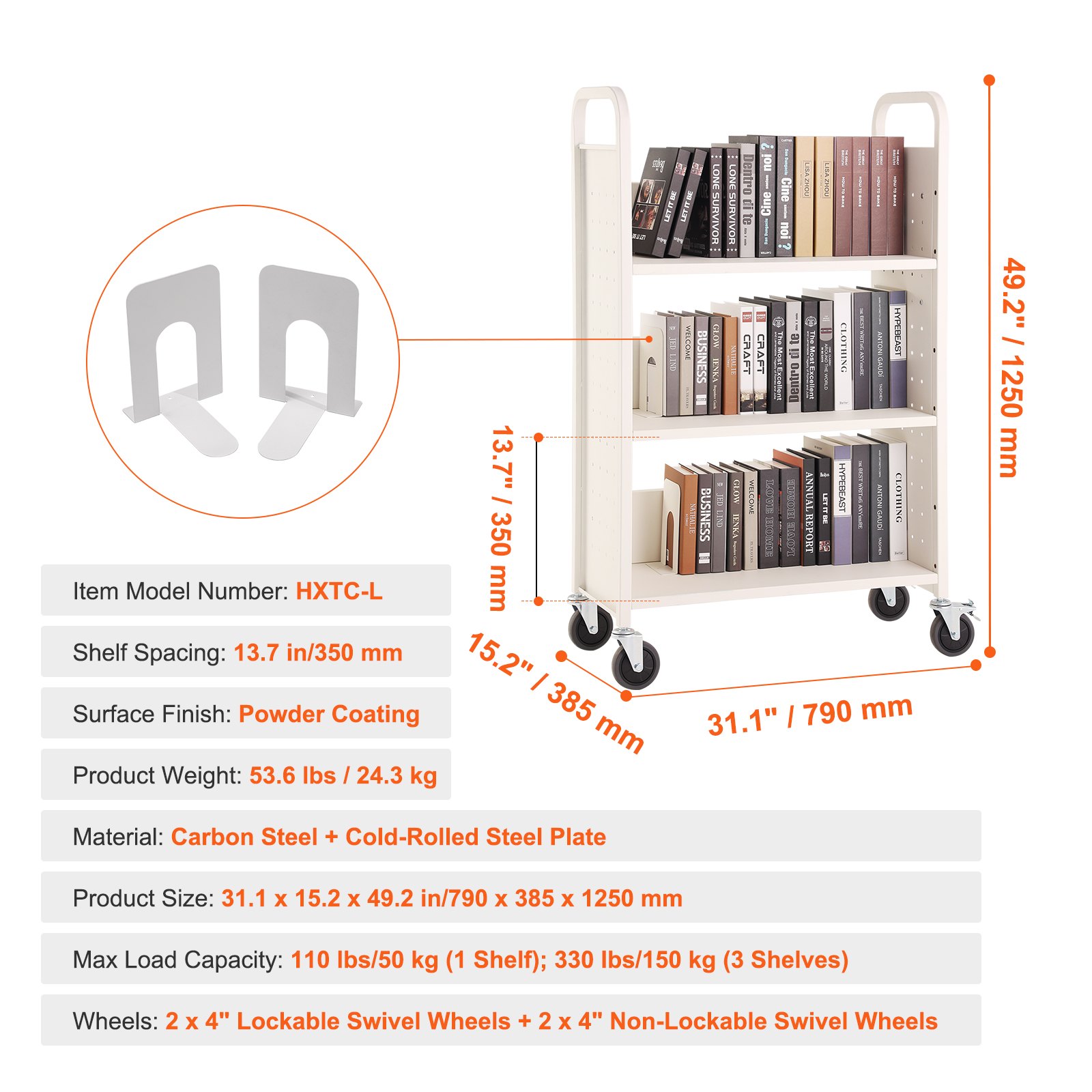 VEVOR Bibliotheekkar 790x385x1250mm Vrije ruimte Kar 3 Planken Boekenkar Koolstofstaal + Koudgewalste Stalen Plaat Serveerkar Draagvermogen 150kg (50kg per Plank) Inclusief 2 Boekensteunen Wit
