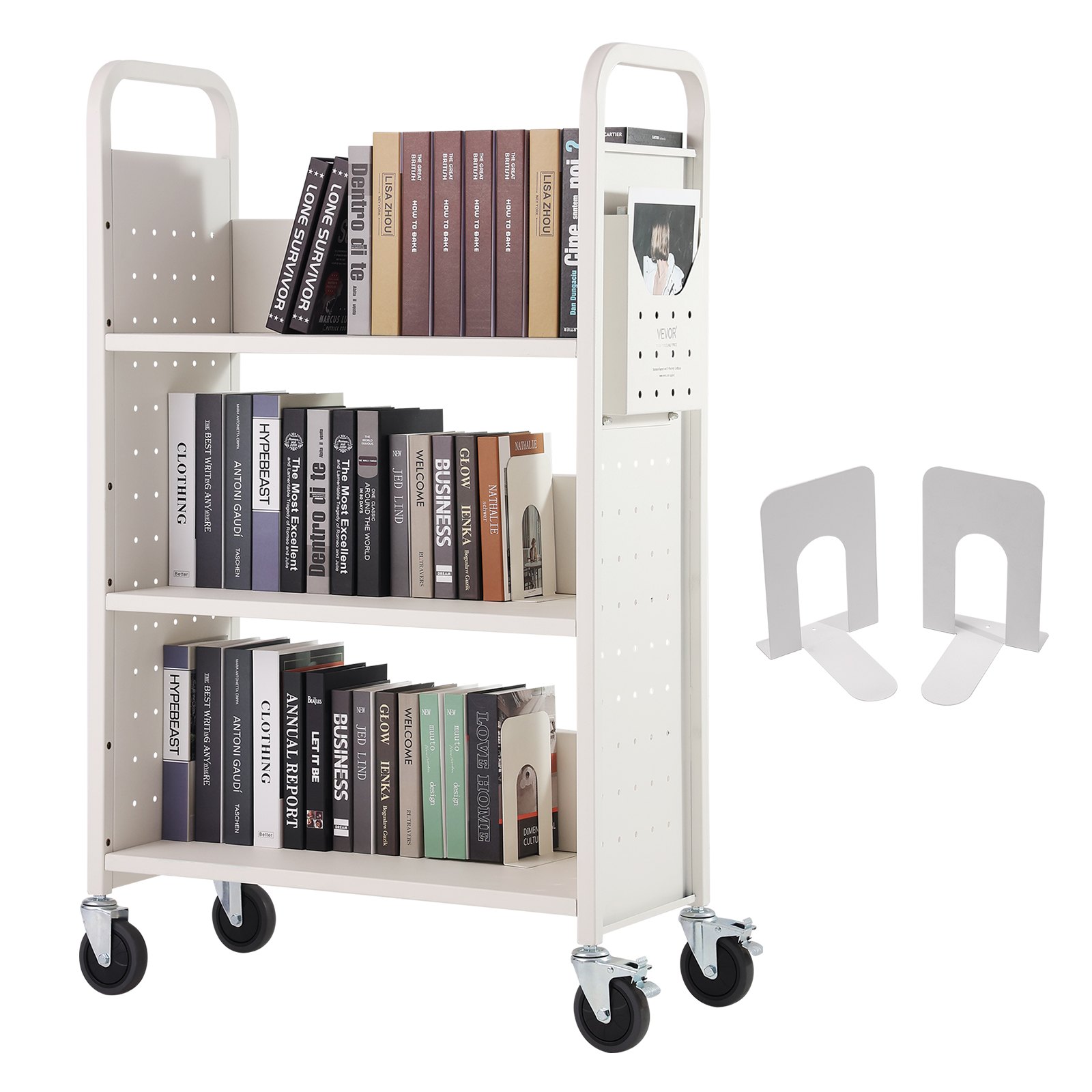 VEVOR Bibliotheekkar 790x385x1250mm Vrije ruimte Kar 3 Planken Boekenkar Koolstofstaal + Koudgewalste Stalen Plaat Serveerkar Draagvermogen 150kg (50kg per Plank) Inclusief 2 Boekensteunen Wit