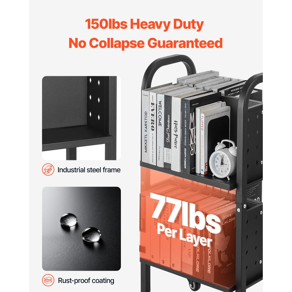 VEVOR Boekenwagen, draagvermogen 70 kg, Bibliotheekwagen, 45 x 33 x 88 cm, dubbelzijdige L-vormige boekenplank met dubbele remwielen, Boekenplankwagen voor woonkamer, kantoor, school, zwart