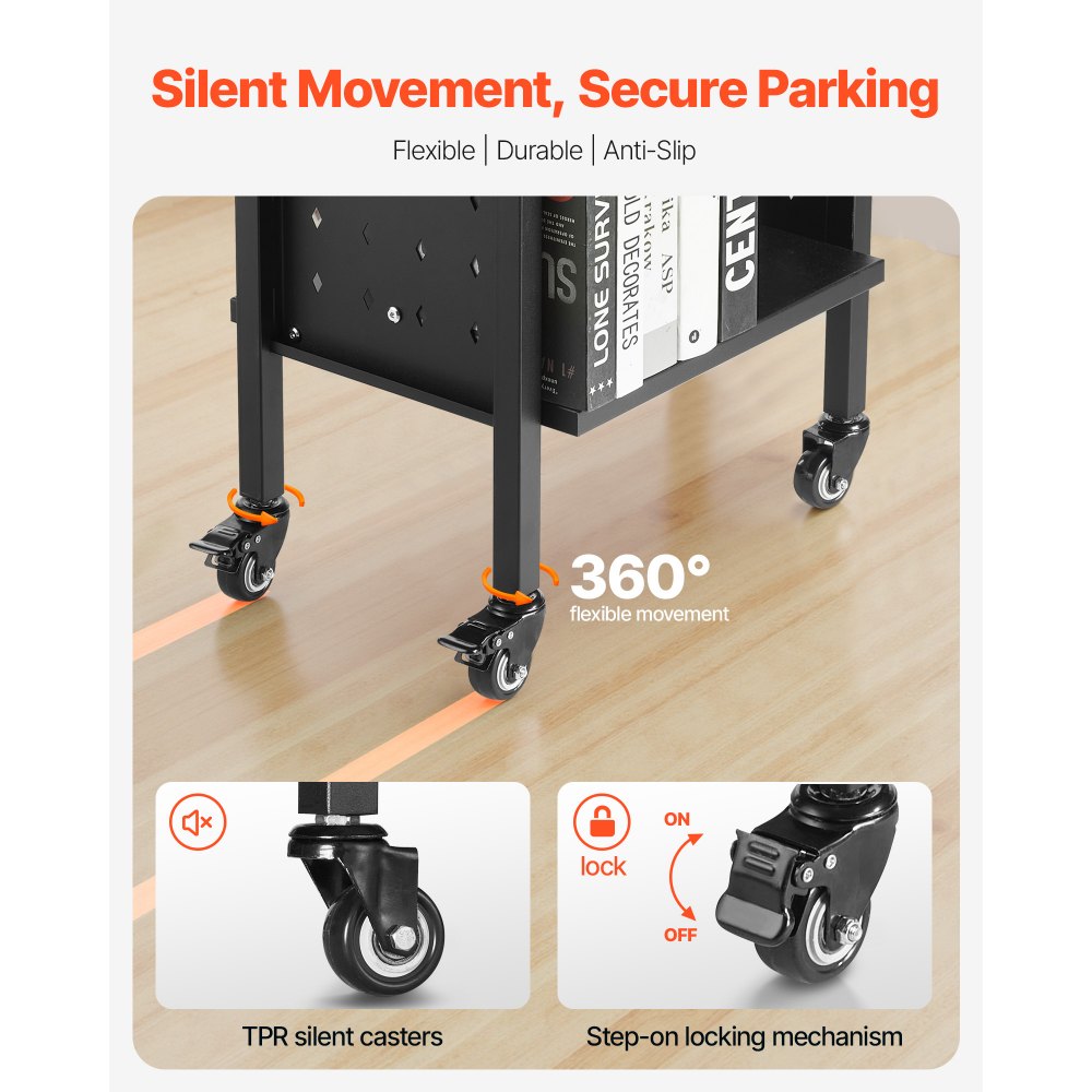 VEVOR Boekenwagen, draagvermogen 70 kg, Bibliotheekwagen, 45 x 33 x 88 cm, dubbelzijdige L-vormige boekenplank met dubbele remwielen, Boekenplankwagen voor woonkamer, kantoor, school, zwart