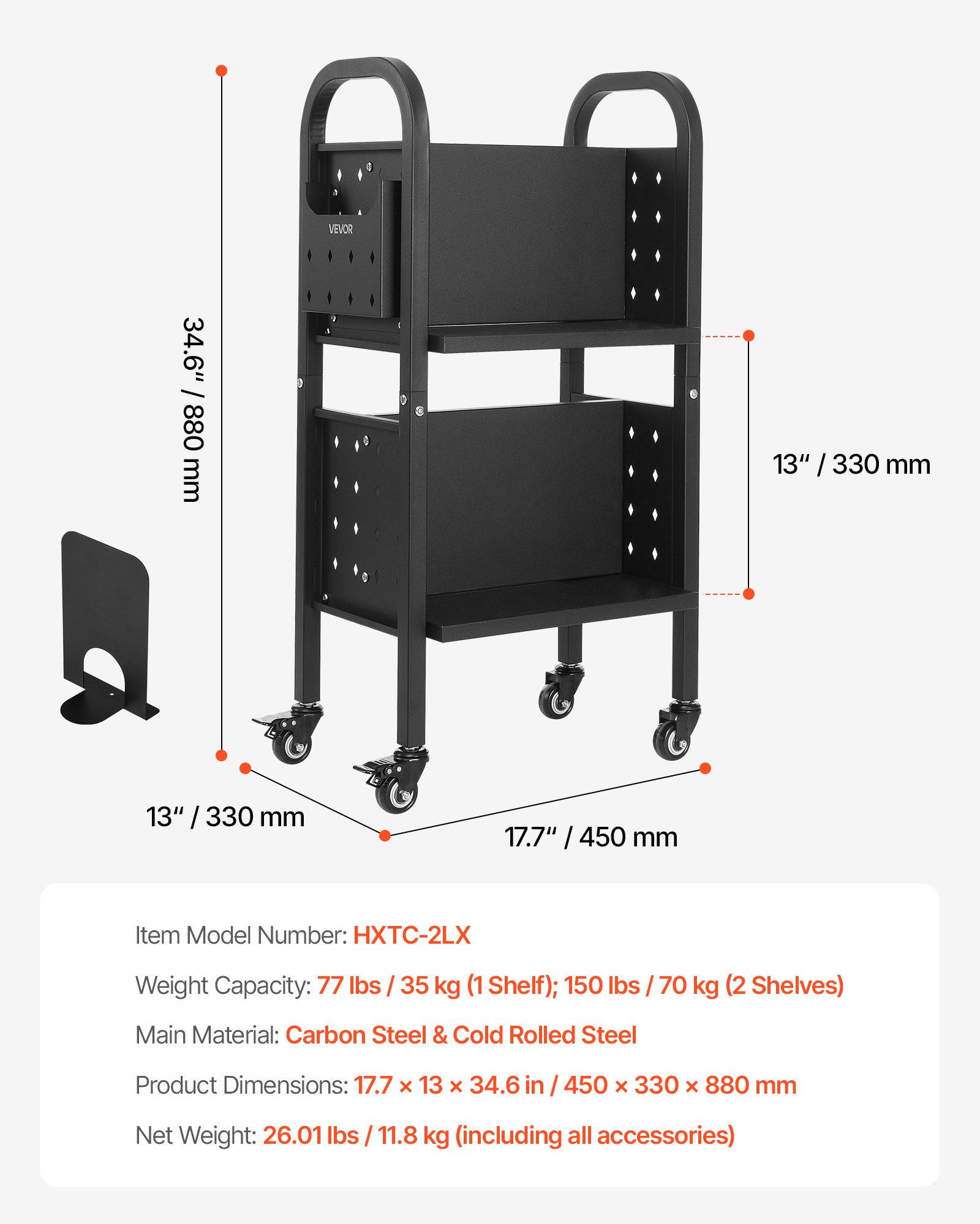 VEVOR Boekenwagen, draagvermogen 70 kg, Bibliotheekwagen, 45 x 33 x 88 cm, dubbelzijdige L-vormige boekenplank met dubbele remwielen, Boekenplankwagen voor woonkamer, kantoor, school, zwart