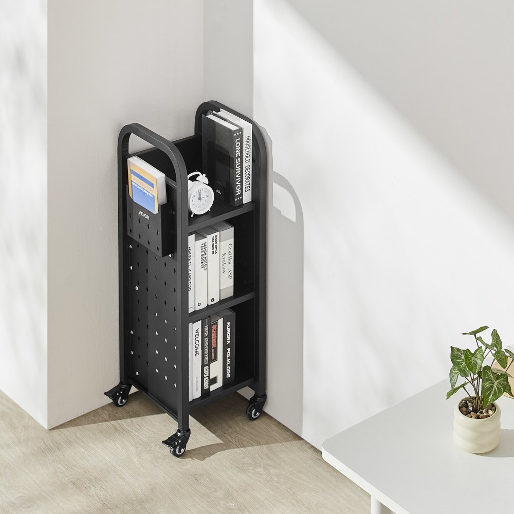 VEVOR Boekenwagen, draagvermogen 100 kg, Bibliotheekwagen, 32 x 35 x 93,5 cm, enkelzijdige L-vormige boekenplank met dubbele remwielen, Boekenplankwagen voor woonkamer, kantoor, school, zwart