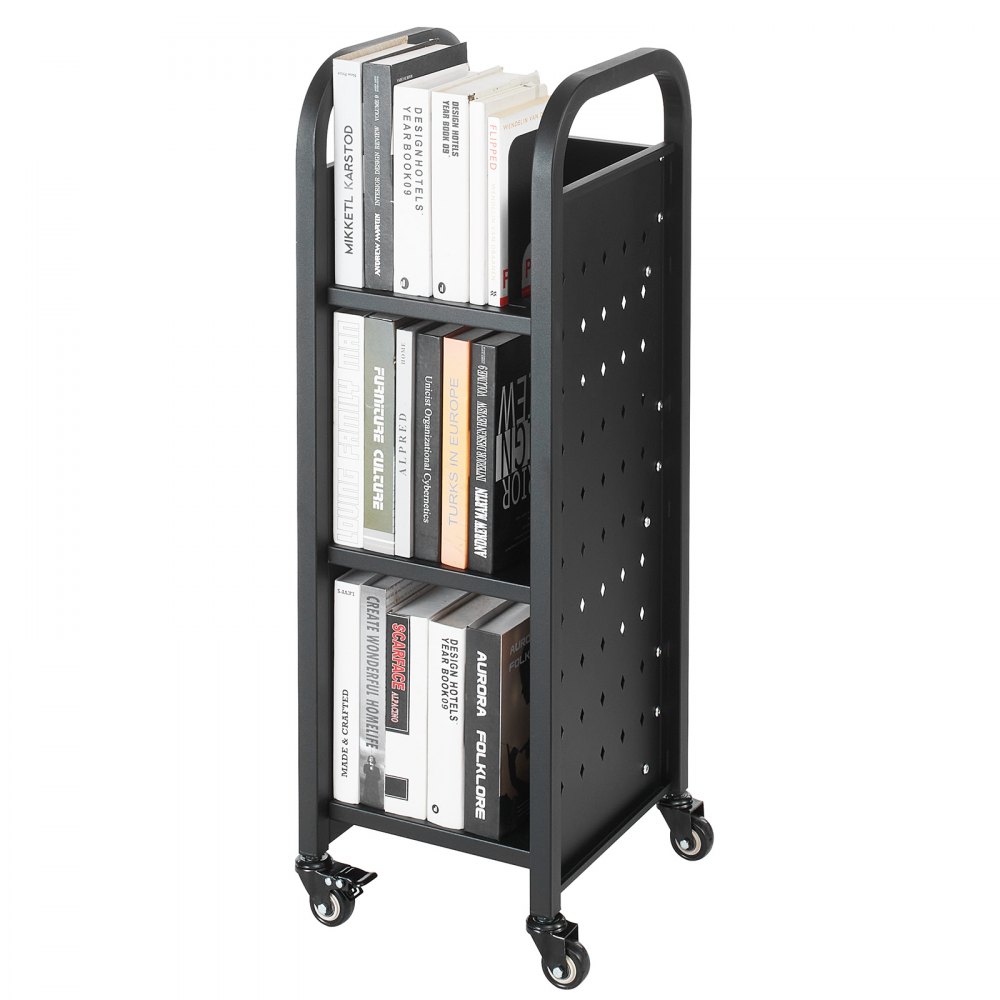 VEVOR Boekenwagen, draagvermogen 100 kg, Bibliotheekwagen, 32 x 35 x 93,5 cm, enkelzijdige L-vormige boekenplank met dubbele remwielen, Boekenplankwagen voor woonkamer, kantoor, school, zwart