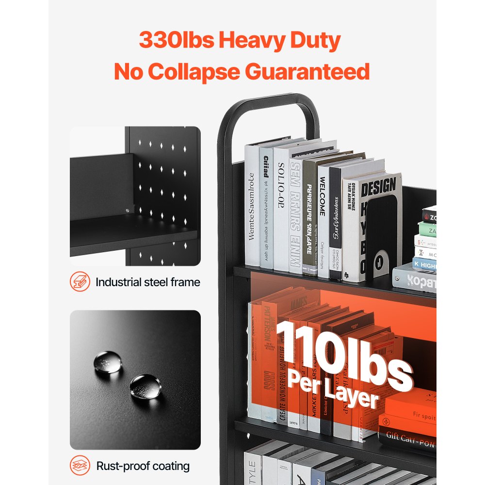 VEVOR Rolling Library Book Cart, 330 lbs Capacity, 30.3 x 15 x 48.0-Inch Library Cart, Single Sided L-Shaped Shelves with 3-Inch Lockable Wheels, Book Truck for Home Shelves Office and School, Black