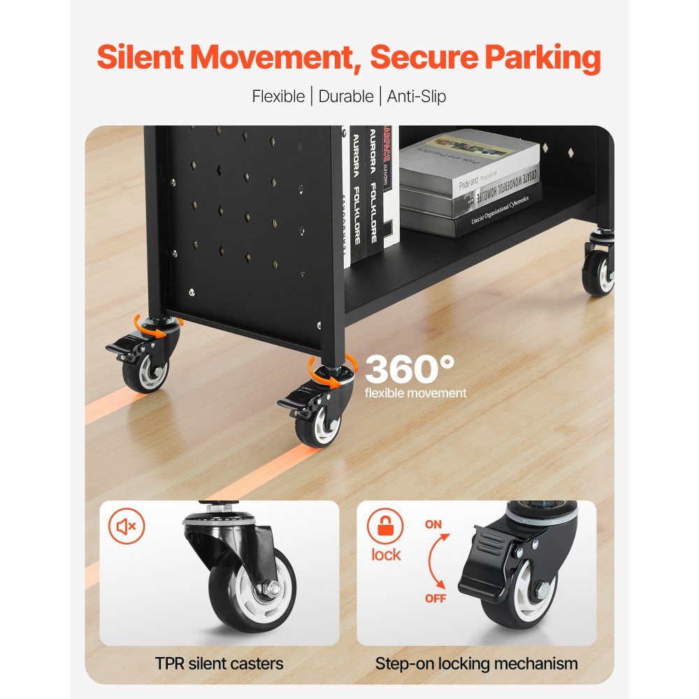 VEVOR Rolling Library Book Cart, 330 lbs Capacity, 30.3 x 15 x 48.0-Inch Library Cart, Single Sided L-Shaped Shelves with 3-Inch Lockable Wheels, Book Truck for Home Shelves Office and School, Black